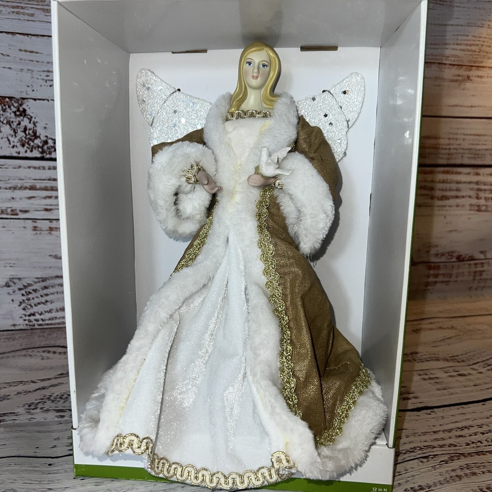 New Angel Tree Topper Holding Bird 12" Tall Gold And White‎ Dress